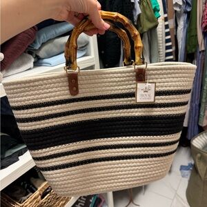 Black & Cream Striped Tote with Bamboo Handles